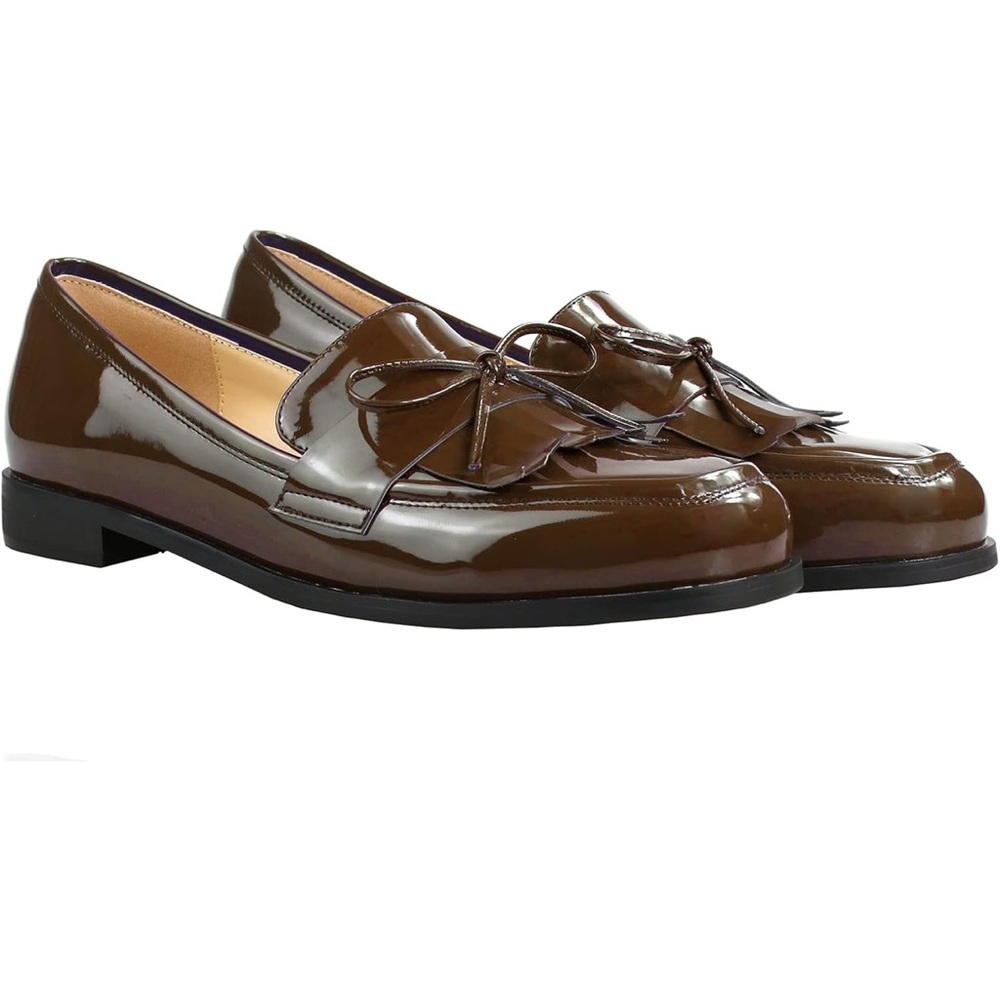Trendy Patent Leather Closed Round Toe Slip On Bow-Knot Flat Loafers Pump Tassal